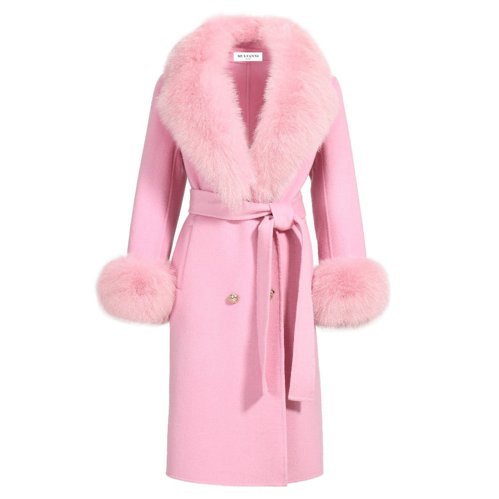 A women cashmere pink coat featuring a large fox fur collar and fur cuffs, elegant and classic design. 