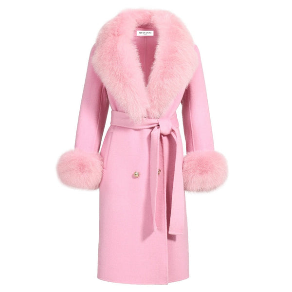 A women cashmere pink coat featuring a large fox fur collar and fur cuffs, elegant and classic design. 