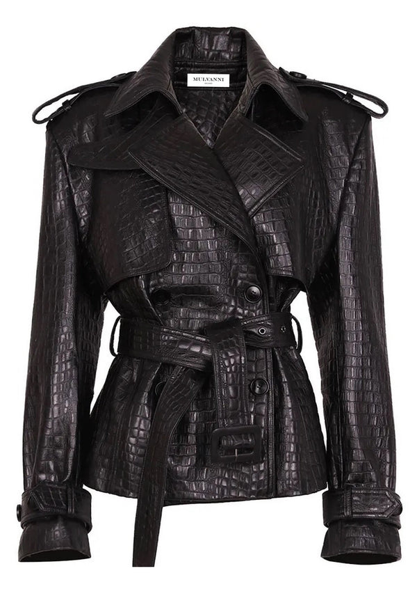 A black embossed croc leather jacket featuring sleek leather details on the shoulders and wrists. The jacket’s textured design and refined accents offer a bold, stylish look with a modern edge.