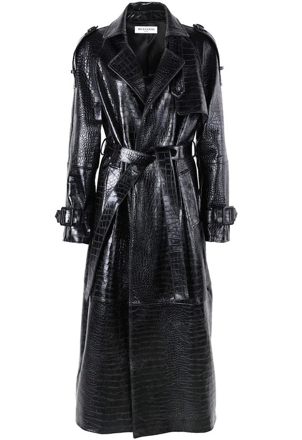 This fashionable embossed croc leather trench coat showcases a sleek silhouette and bold design, perfect for making a statement.