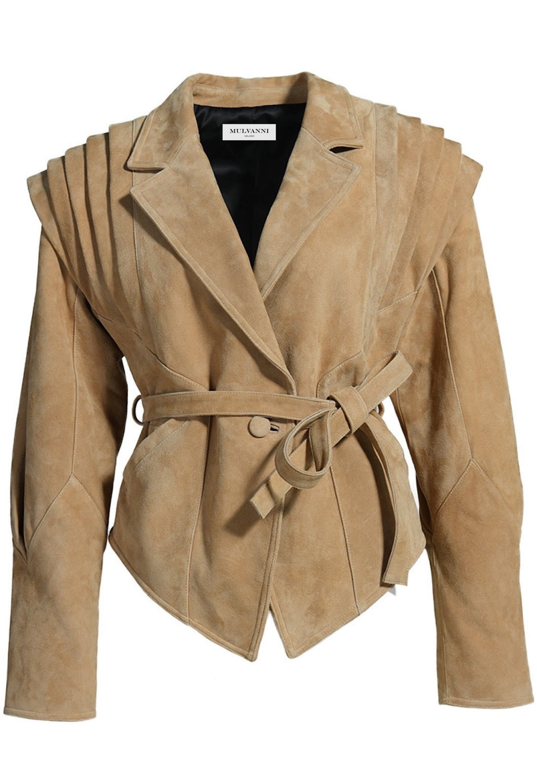 Short beige suede jacket for women, showcasing a luxurious, soft finish and a fitted silhouette 