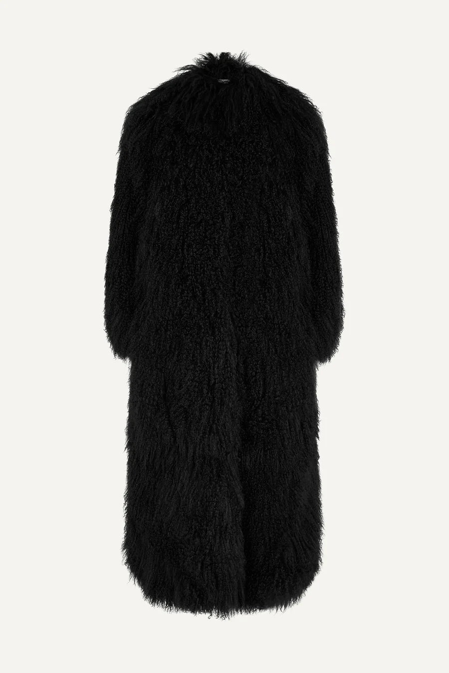 A long black Mongolian fur coat with full sleeves, featuring a plush and luxurious texture. The coat’s elegant design and flowing silhouette provide warmth and sophistication, making it a stunning choice for winter wear.