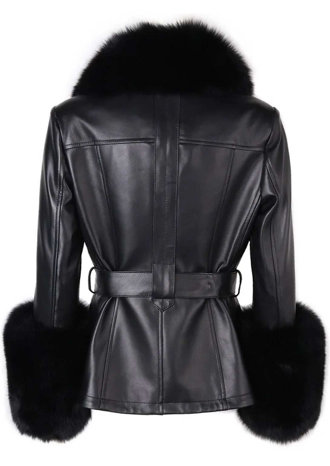 A fashionable black leather short jacket with soft fox fur cuffs and a bold black fox fur collar. The jacket combines modern style with elegant fur accents for a striking winter ensemble.