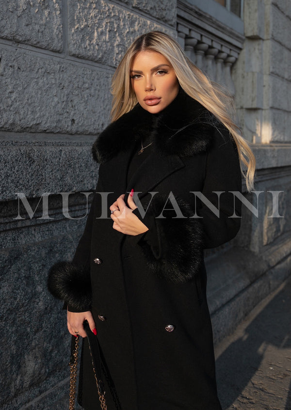 Black Cashmere Coat with Fox Fur