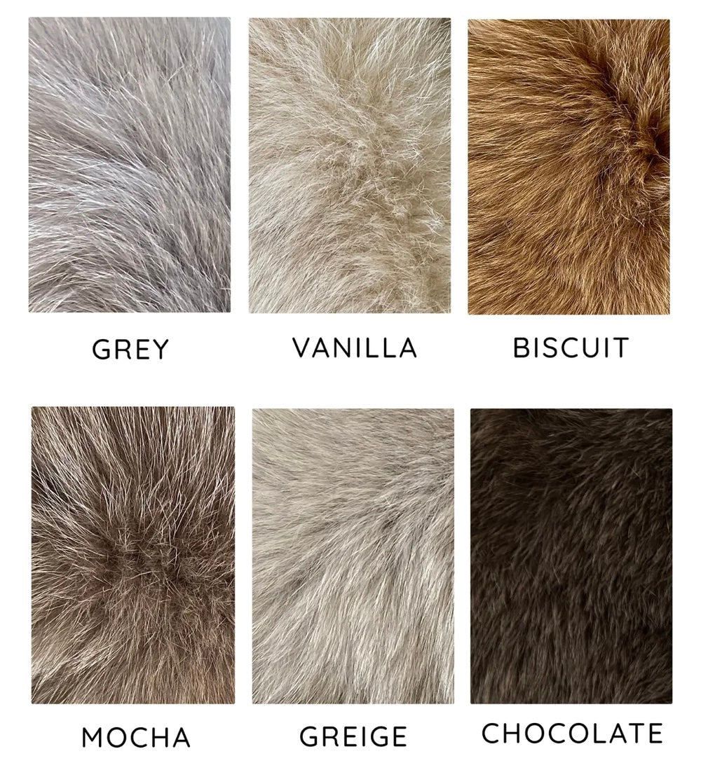 Variety of fur colors for SERINA Hooded Fox Fur Coat including Grey, Vanilla, Biscuit, Mocha, Greige, and Chocolate options.