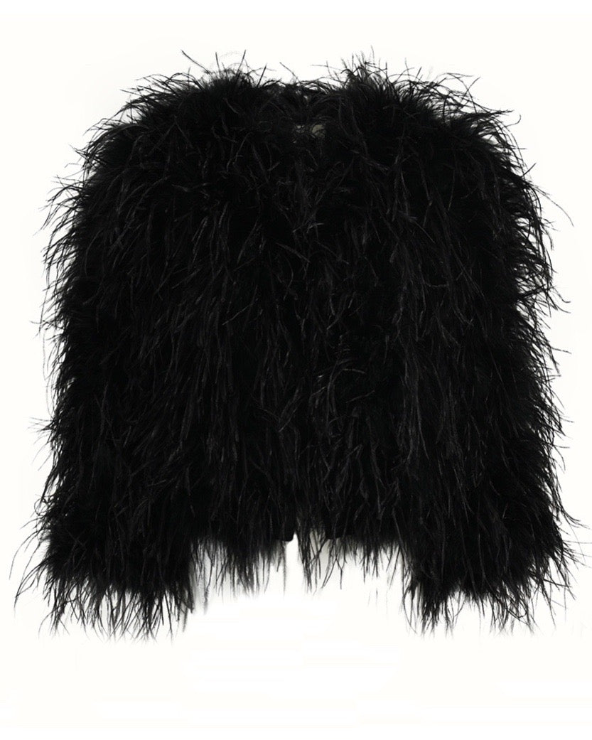 a black feather coat, an ideal statement piece to wear over dresses for a bold, fashionable look.