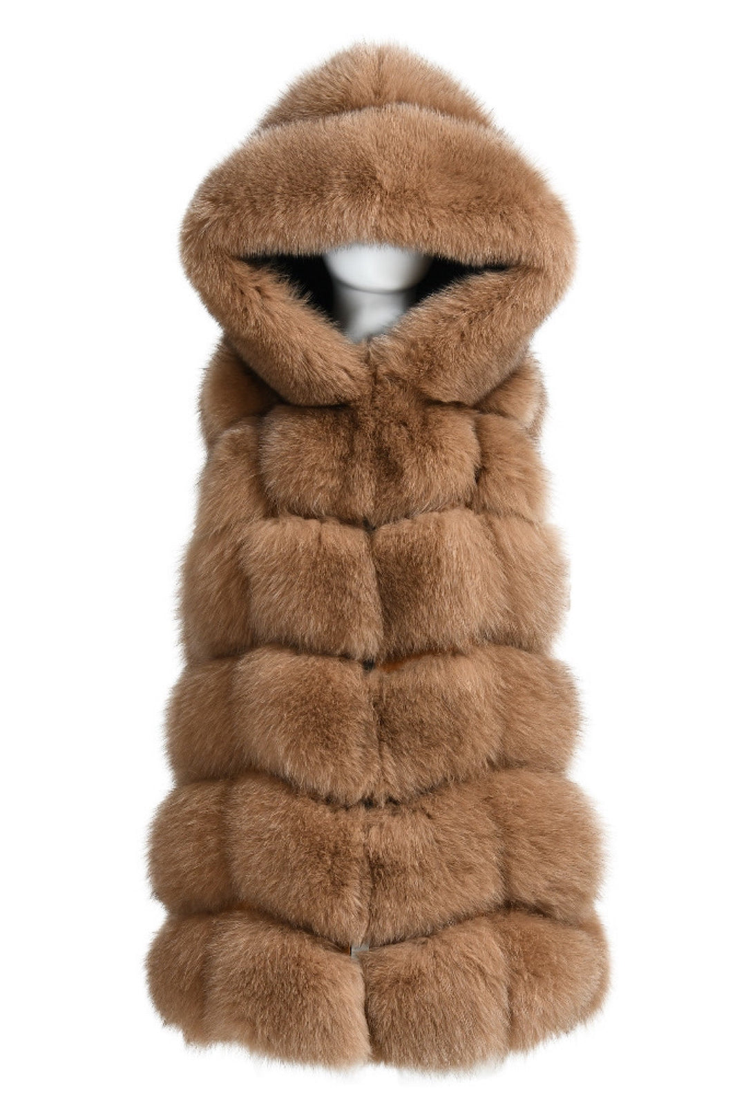 A stylish camel hooded fox fur vest, featuring a luxurious fur finish that enhances her winter look. The hood provides additional warmth and sophistication.