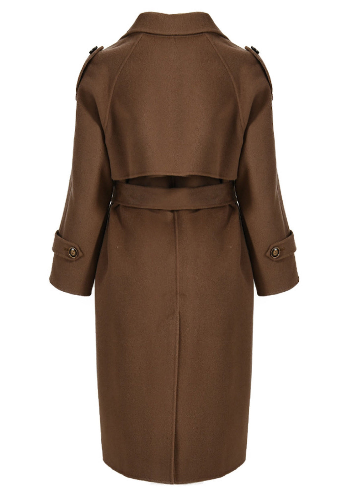 The brown cashmere trench coat offers both comfort and style, with its sleek lines and refined detailing making it a wardrobe staple.