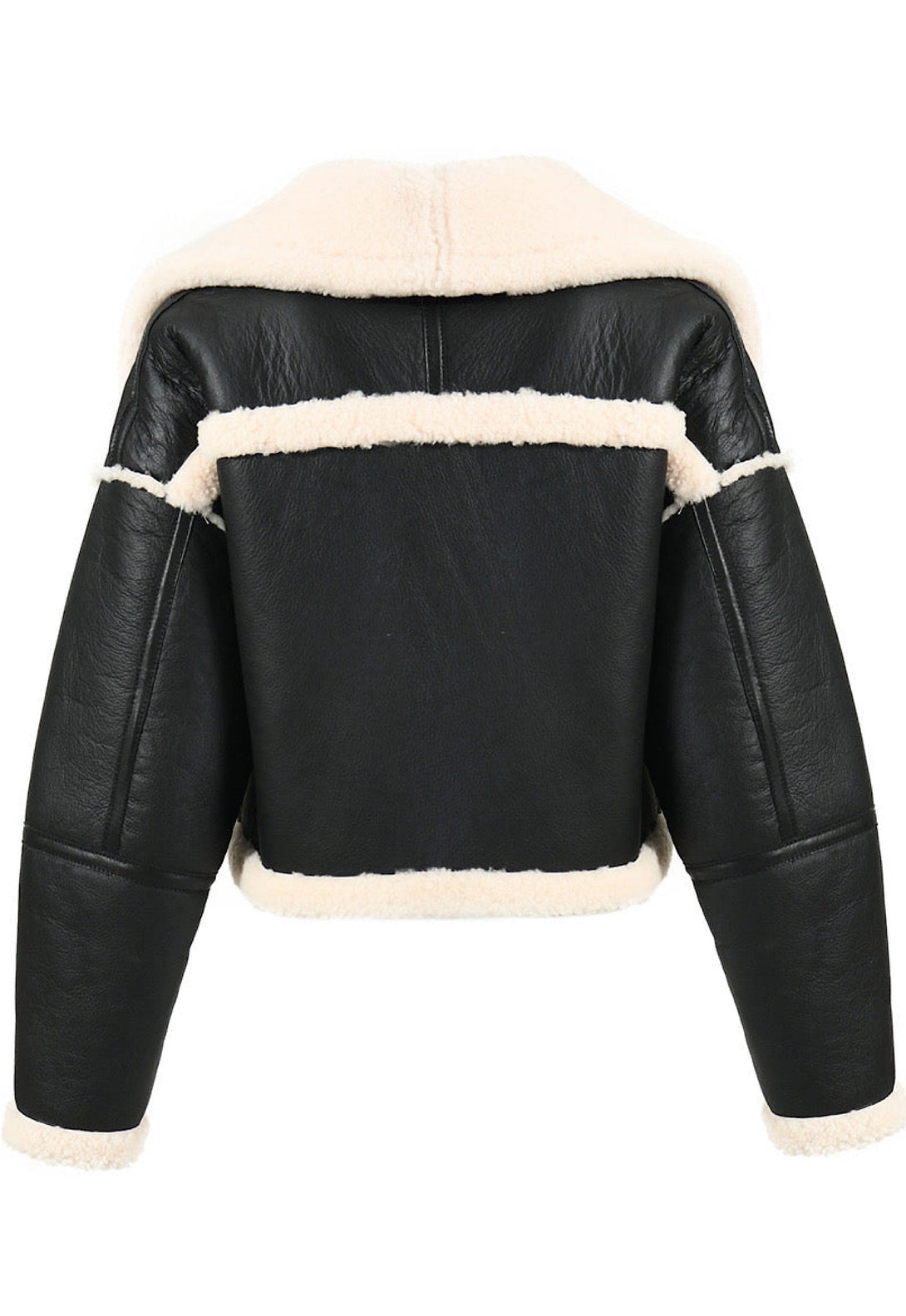 Back of a cropped shearling jacket for woman. 