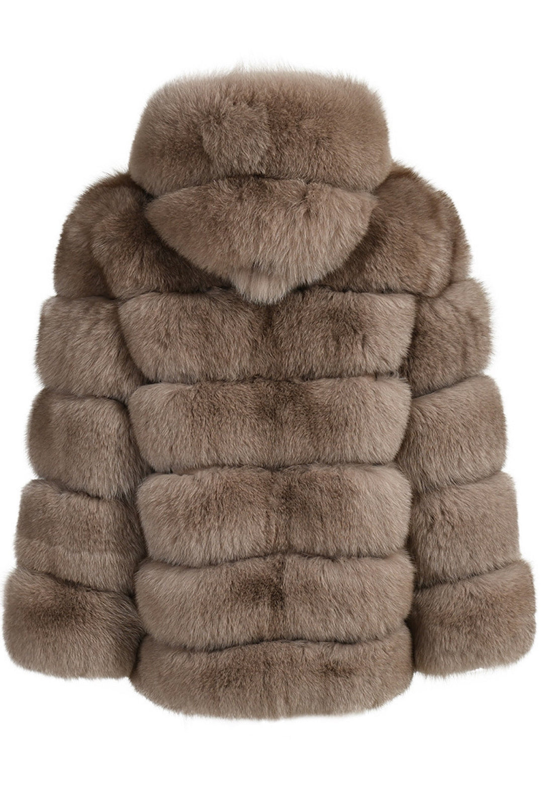 A chic brown fox fur coat with a hood and six-panel design, providing a modern look while ensuring warmth and style.