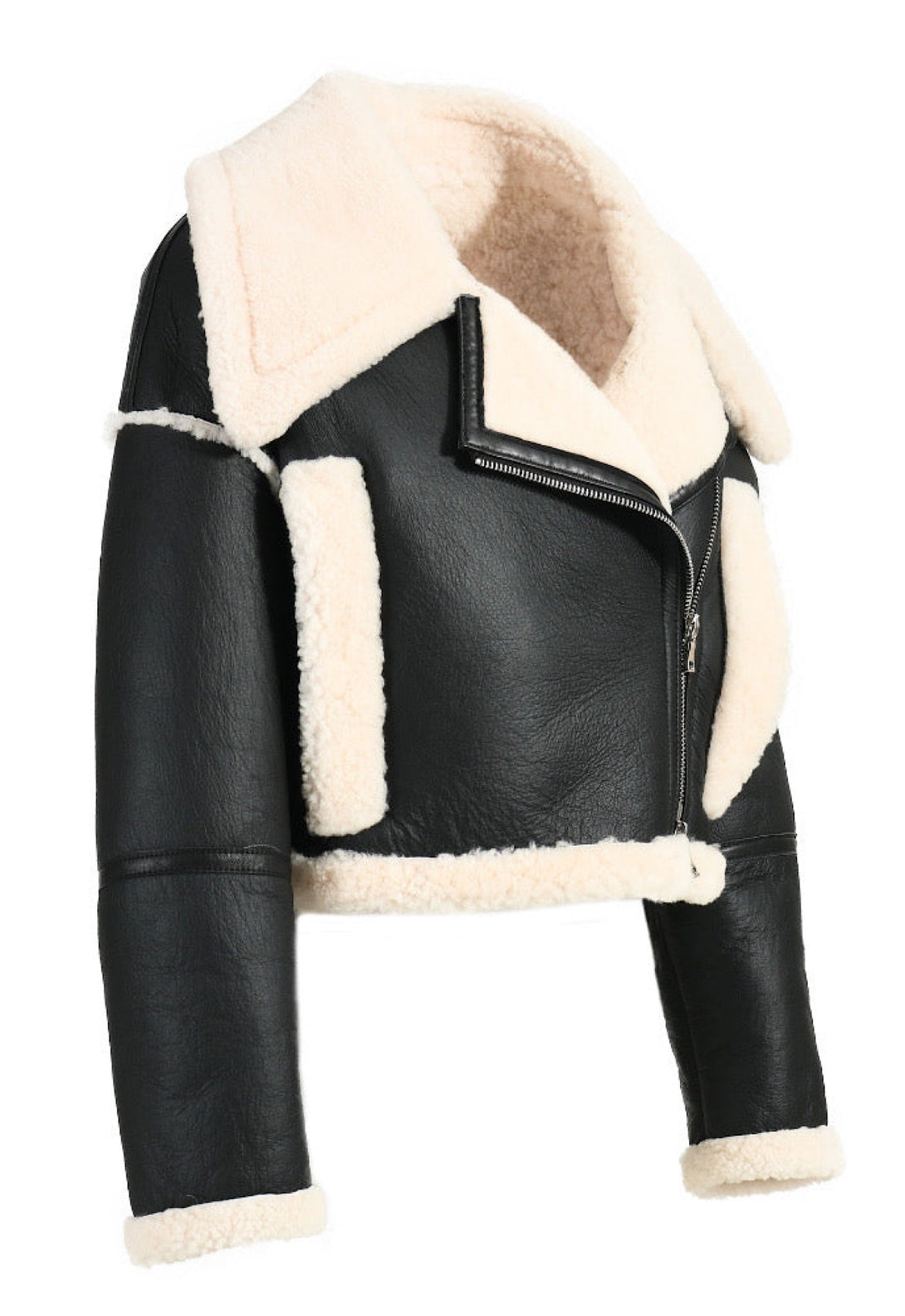 A cropped black shearling leather jacket, combining modern design with cozy comfort.