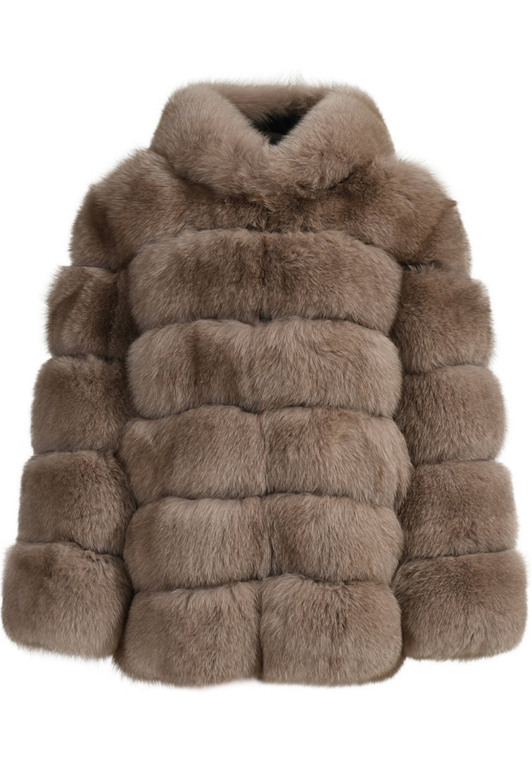 This brown fox fur coat with a hood showcases a unique six-panel construction, offering a flattering silhouette and sophisticated appeal.