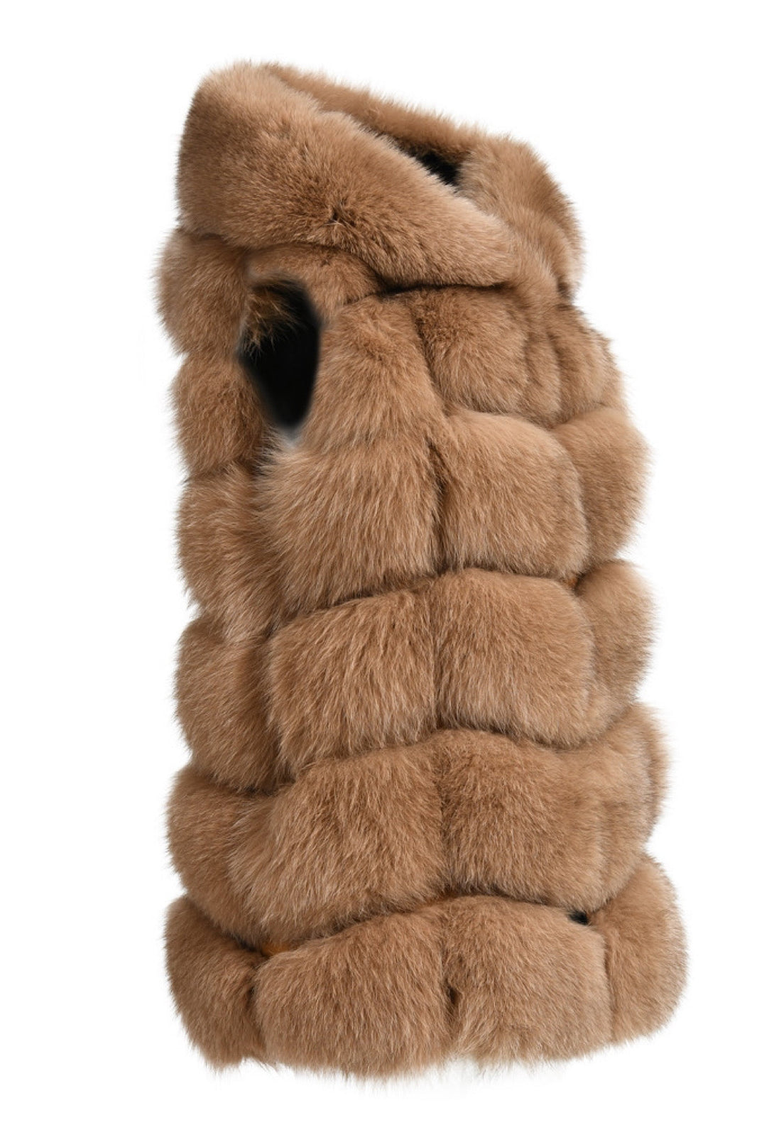 A chic camel hooded fox fur vest, combining comfort and luxury. The vest's soft fur and modern silhouette make it a fashionable choice for colder weather.