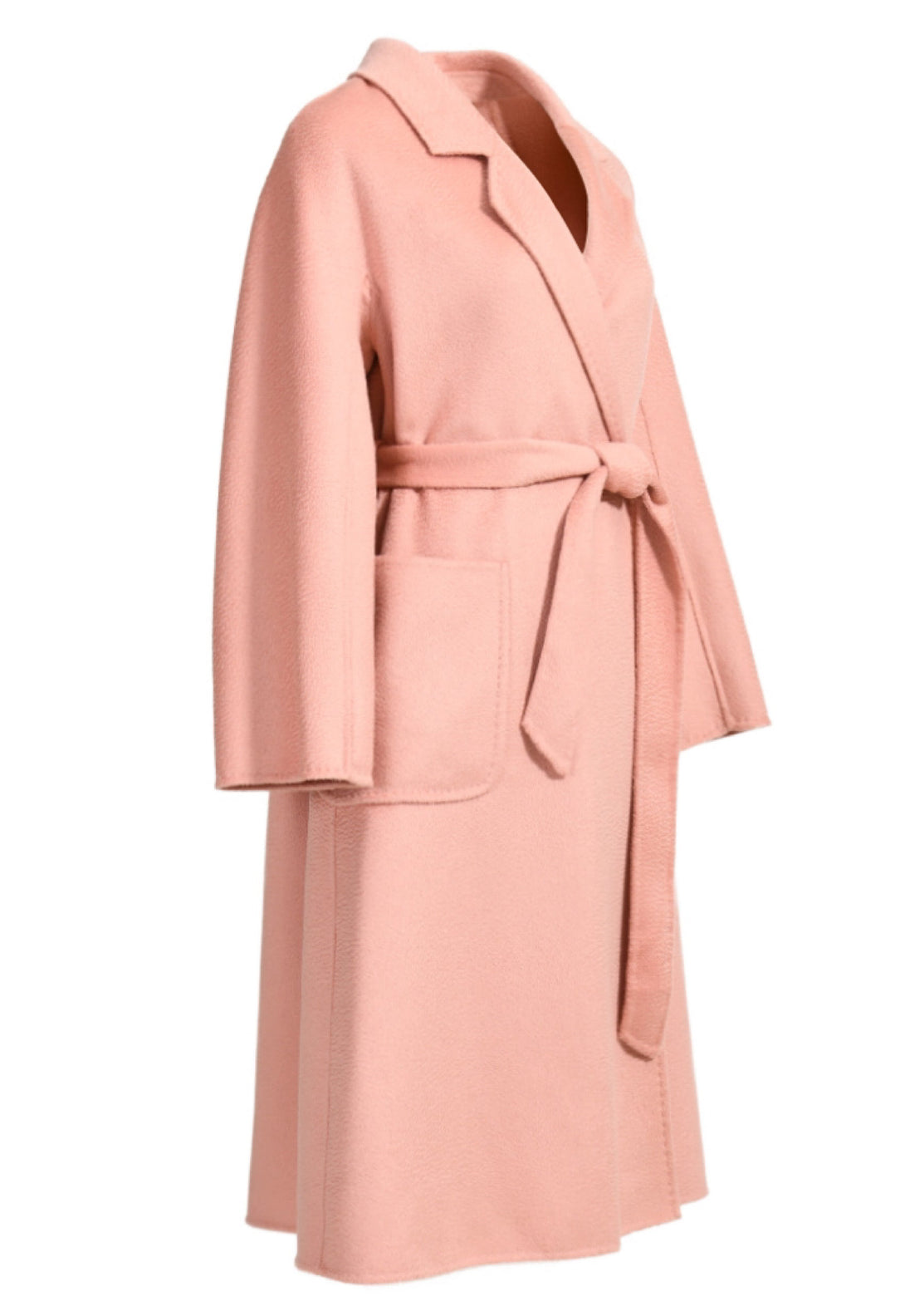 A luxurious pink cashmere coat with a double-breasted front and matching belt, perfect for transitioning from day to evening with ease.