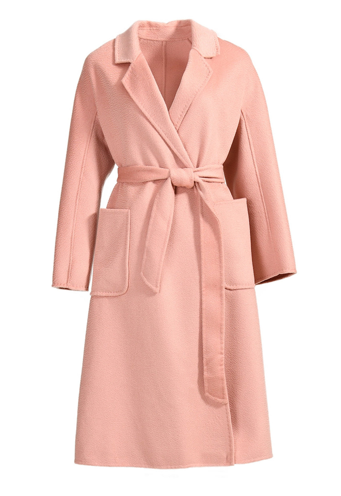 The pink cashmere coat combines luxury and style, with its double-breasted design and belted waist creating a flattering silhouette.