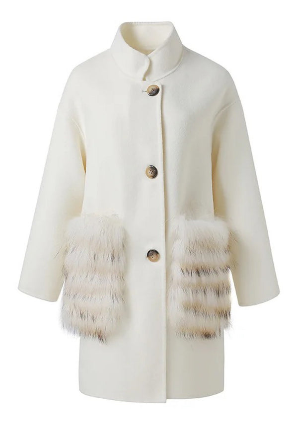 White Cashmere Coat with Fur Detail