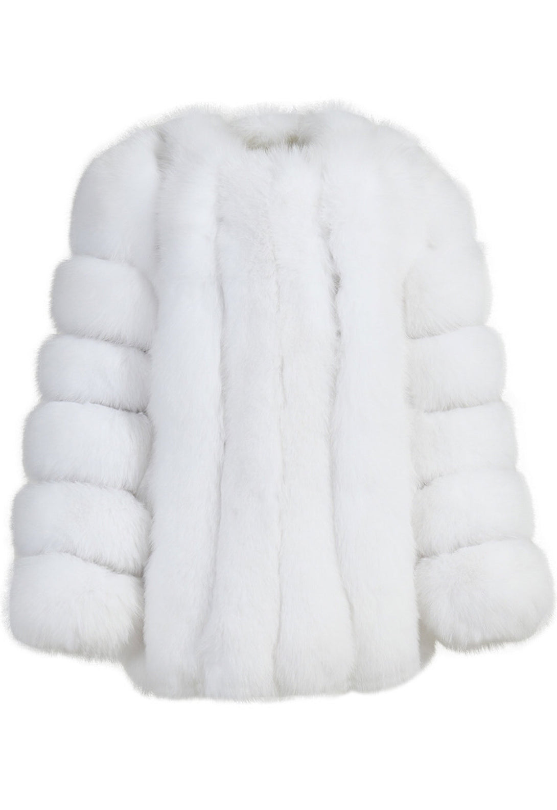 A stunning white plush vertical fox fur coat featuring a luxurious, soft texture. The vertical fur pattern adds elegance and sophistication, making it a perfect statement piece for winter.