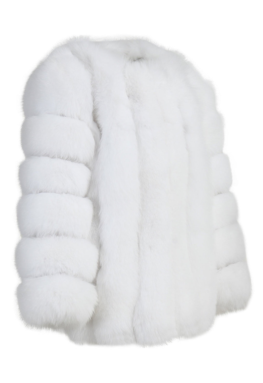 A stylish white plush vertical fox fur coat, showcasing its rich texture and refined design. The coat’s plush fur provides warmth and a chic silhouette for cold-weather fashion