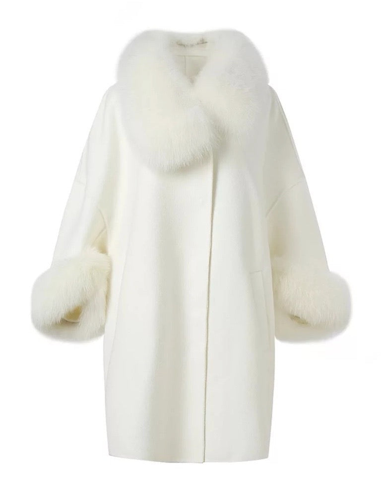 Off White Oversized Cashmere Coat with Fox Fur Collar and Cuffs - Designer Luxury Limited Edition