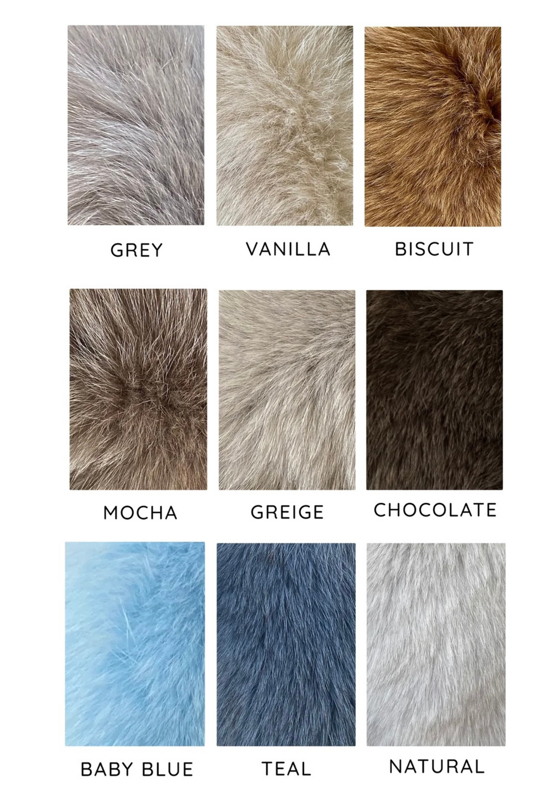 Choice of fox fur colours available to custom make a fur coat from MULVANNI. 