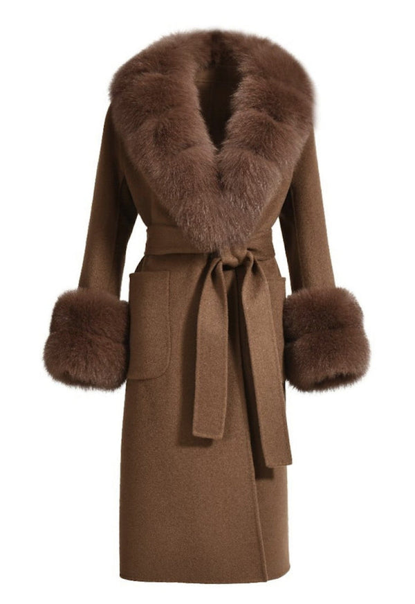 Brown Cashmere Fur Coat with Fox Fur