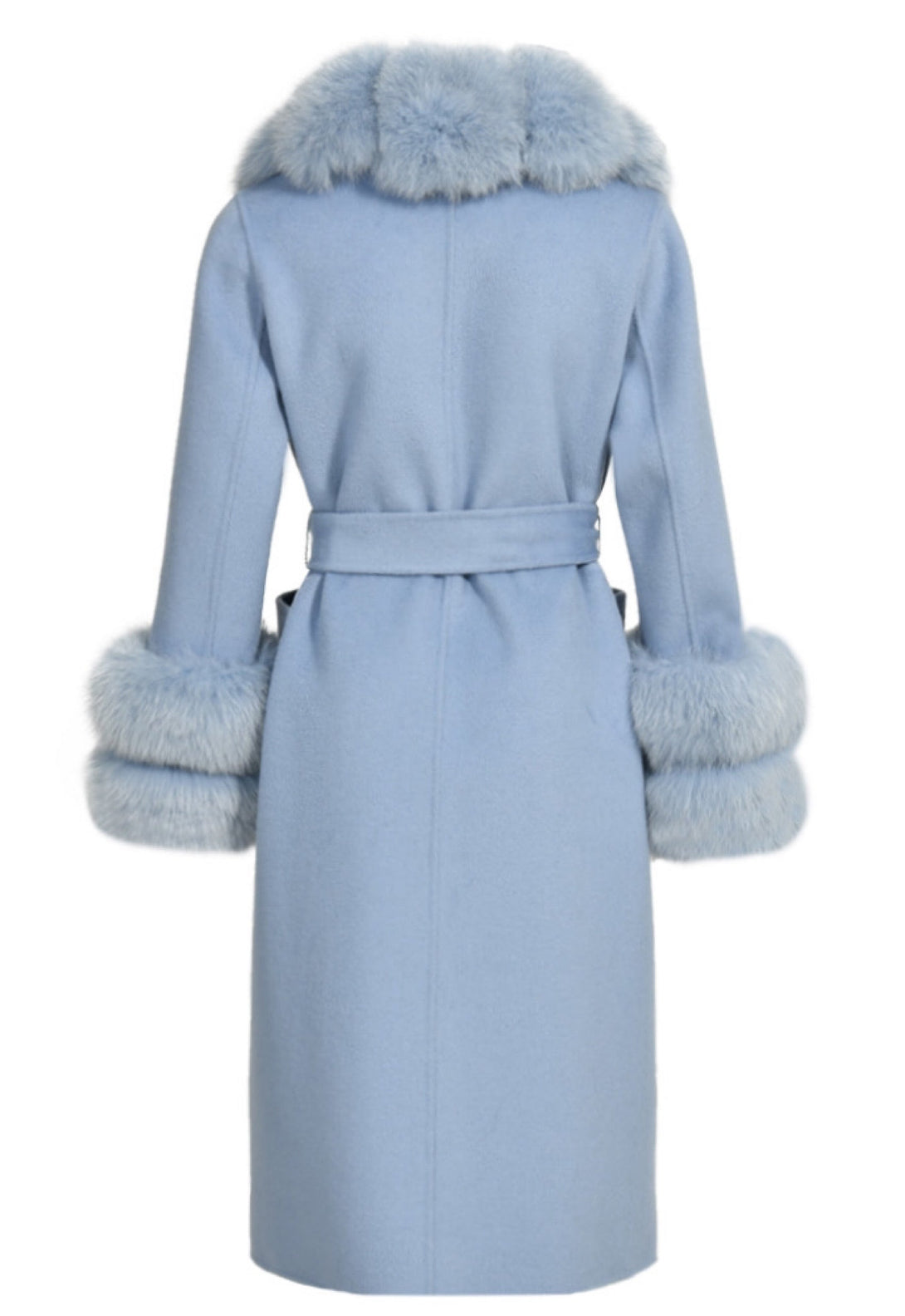 The baby blue cashmere coat with premium faux fur provides a beautiful color and texture contrast, ideal for winter fashion.