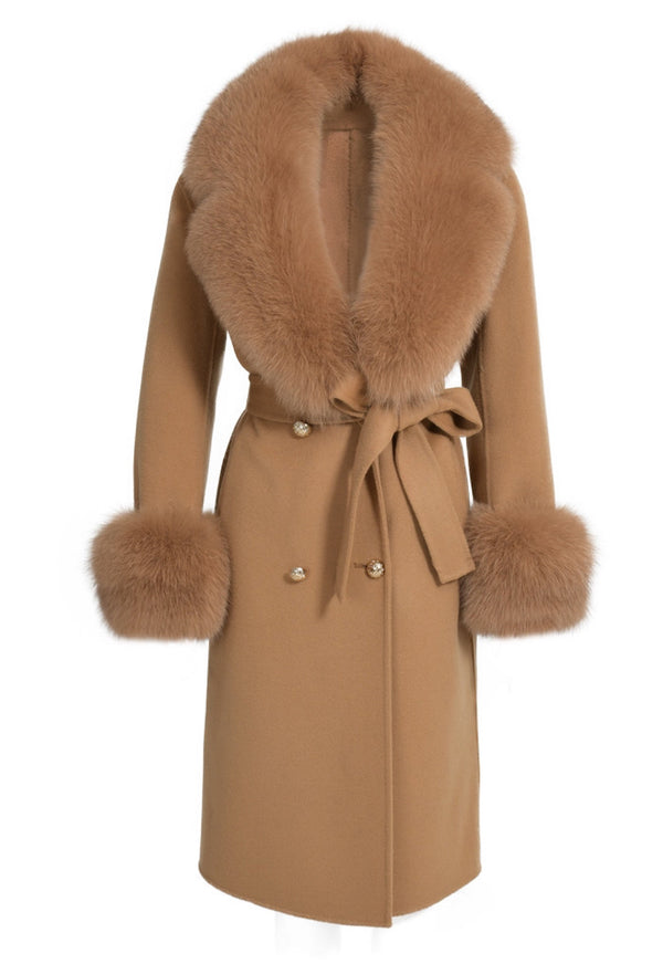 Camel Cashmere Midi Coat with Fox Fur