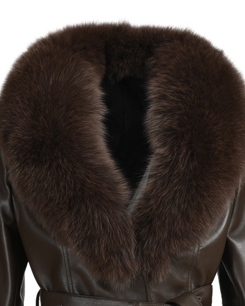 Women dark brown leather coat with fur designed by MVFURS