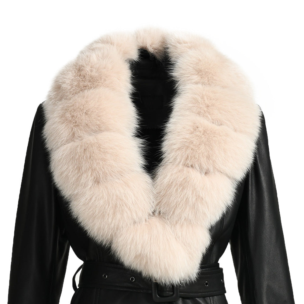 A black leather jacket with beige fur designed by MVFURS