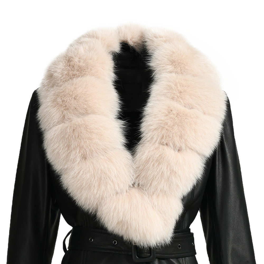 A black leather jacket with beige fox fur. 