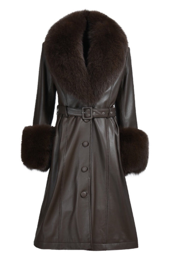 Brown Leather Trench Coat with Fox Fur