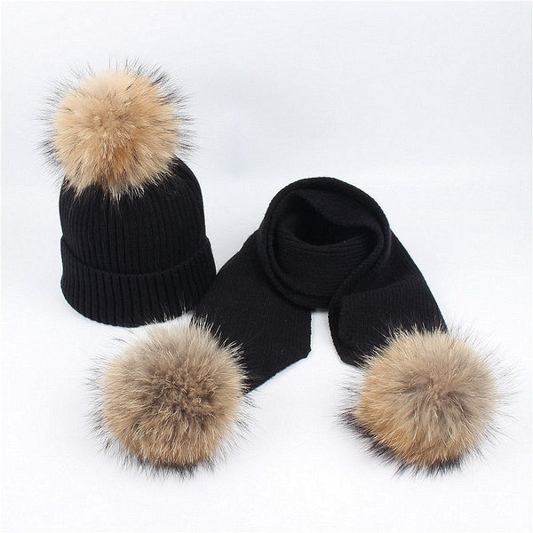 Black Pom-Pom Hat & Cashmere Fur Scarf Set