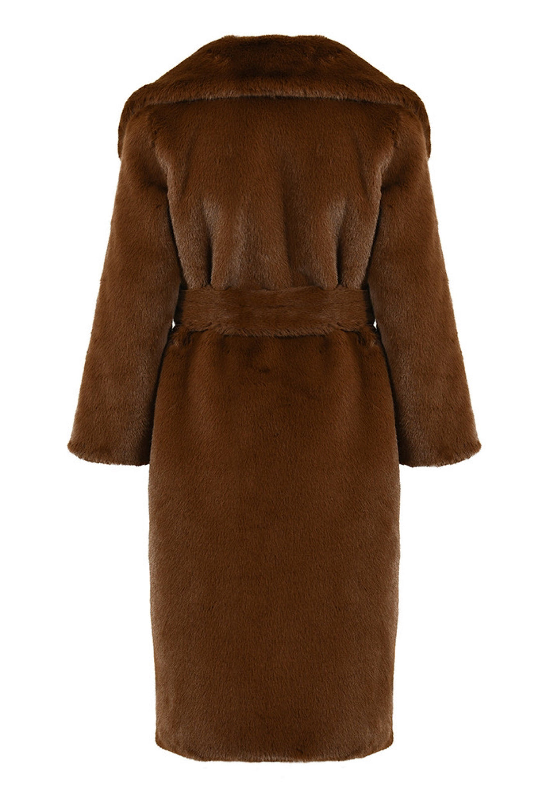 A woman wearing a luxurious brown faux mink fur coat, complete with a belt that enhances its elegant shape. The coat combines comfort and style, ideal for adding a touch of glamour to any outfit.