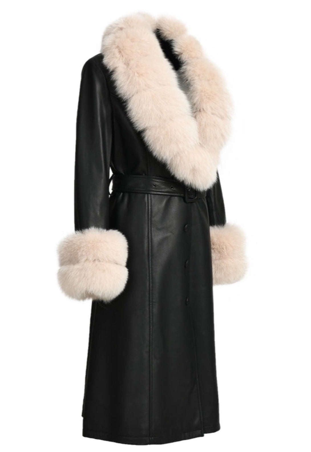 A chic black leather trench coat featuring a plush beige fox fur collar and cuffs. The combination of leather and fur adds elegance and warmth to her cold-weather attire.