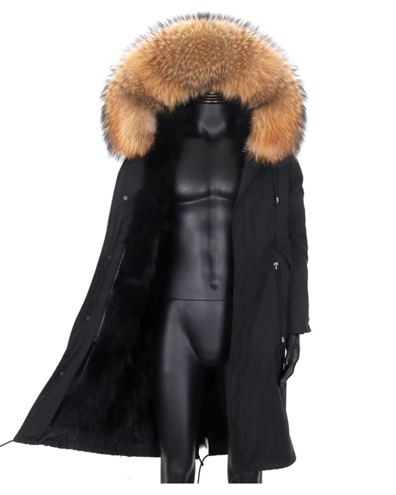 Men midi black fox fur parka, designed to keep him warm while making a fashion statement. The plush fur and contemporary cut make it a standout winter piece.