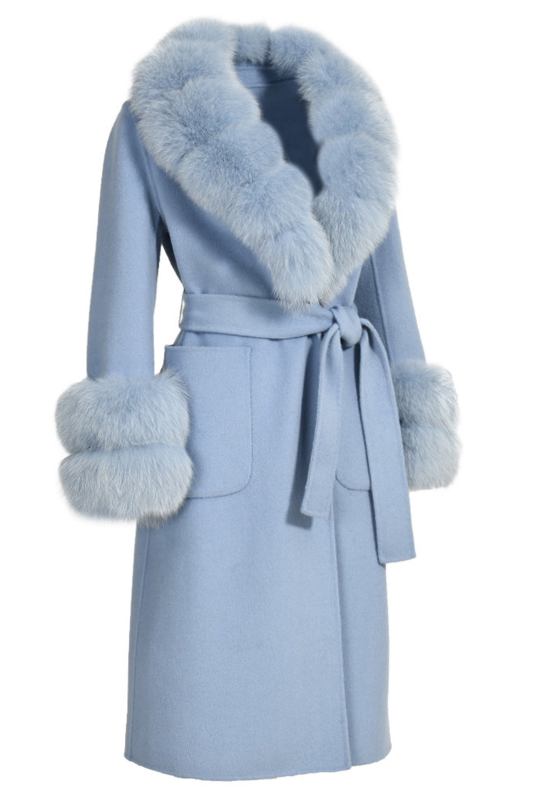 This elegant baby blue cashmere coat features luxurious faux fur accents, perfect for adding a touch of sophistication.