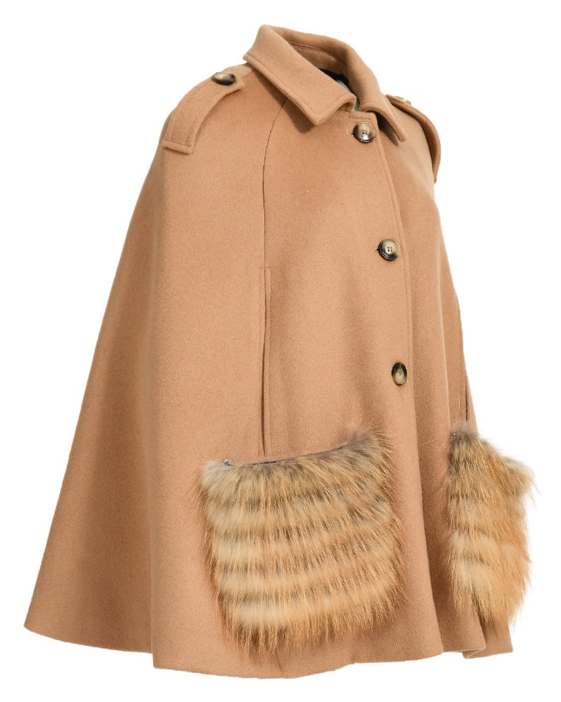 Luxury Cashmere Cape with detachable Red Fox Fur pockets and horn shoulder details. Stylish designer coat, perfect for layering.