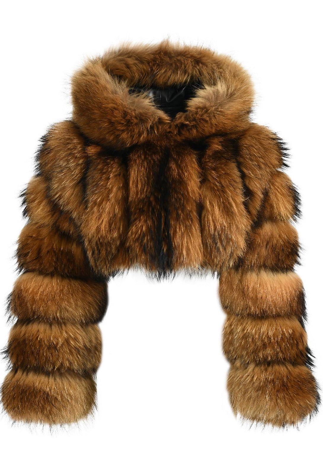 A luxurious raccoon hooded fur coat, combining warmth and style with its plush texture and elegant design.