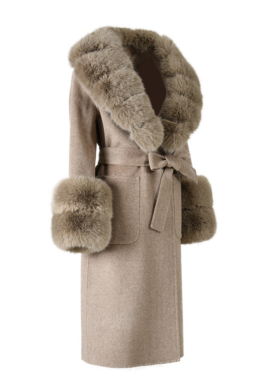 This elegant grey cashmere coat is adorned with luxurious faux fur accents, perfect for a stylish winter ensemble.