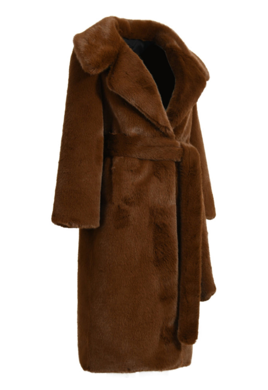 A chic brown faux mink fur coat with a flattering belt detail, exuding opulence and warmth. The soft fur and tailored silhouette make it a fashionable choice for winter outings.