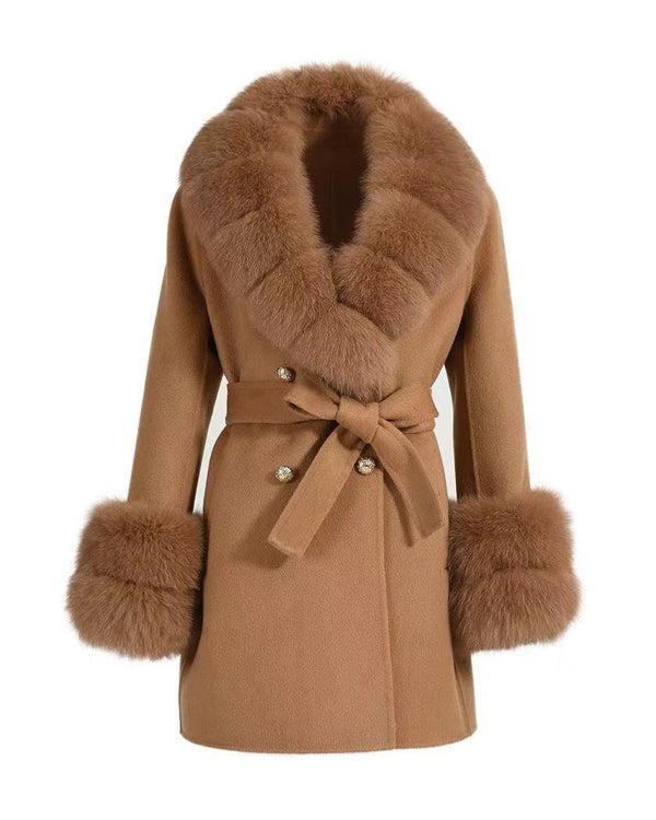 Short Camel Cashmere Coat with Fox Fur