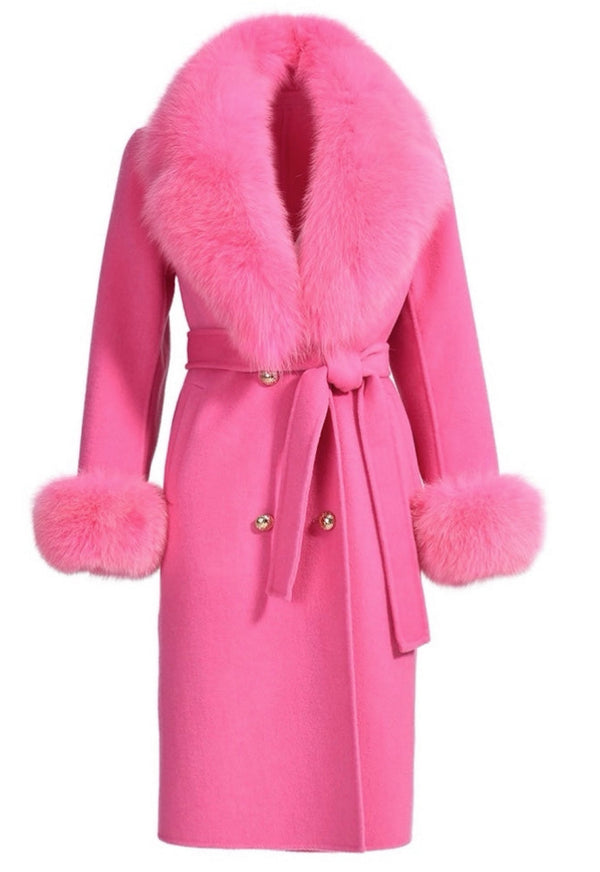 Pink Cashmere Midi Coat with Fox Fur
