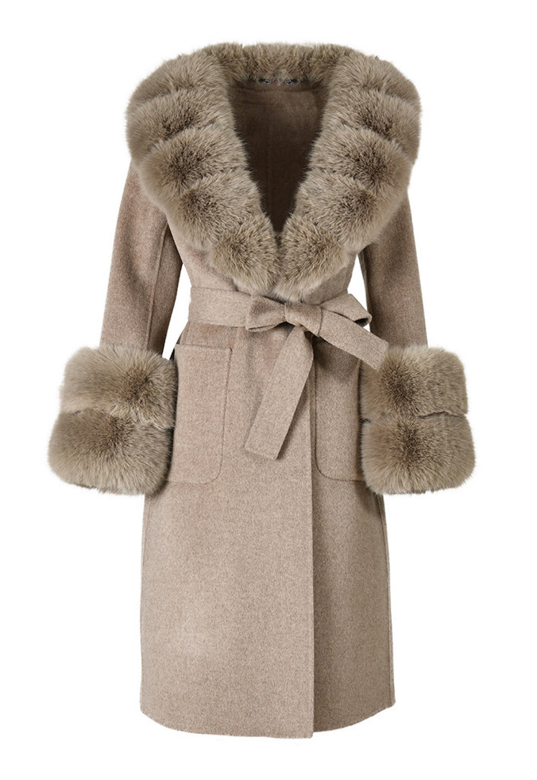 A sophisticated grey cashmere coat featuring premium faux fur, offering a chic and warm layer for cold days.