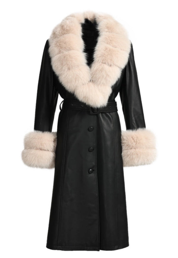 Black Leather Trench Coat with Beige Fox Fur