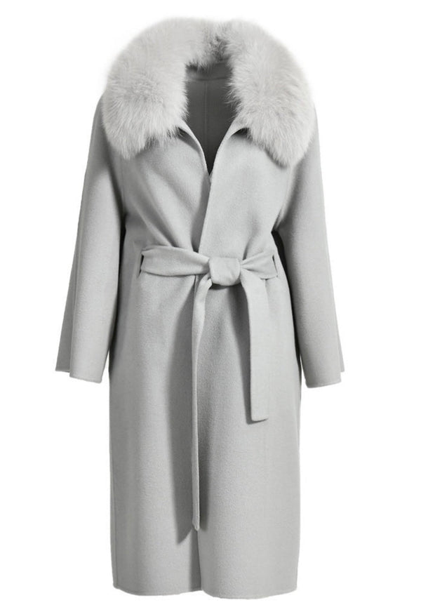 Grey Cashmere Coat with Fox Fur
