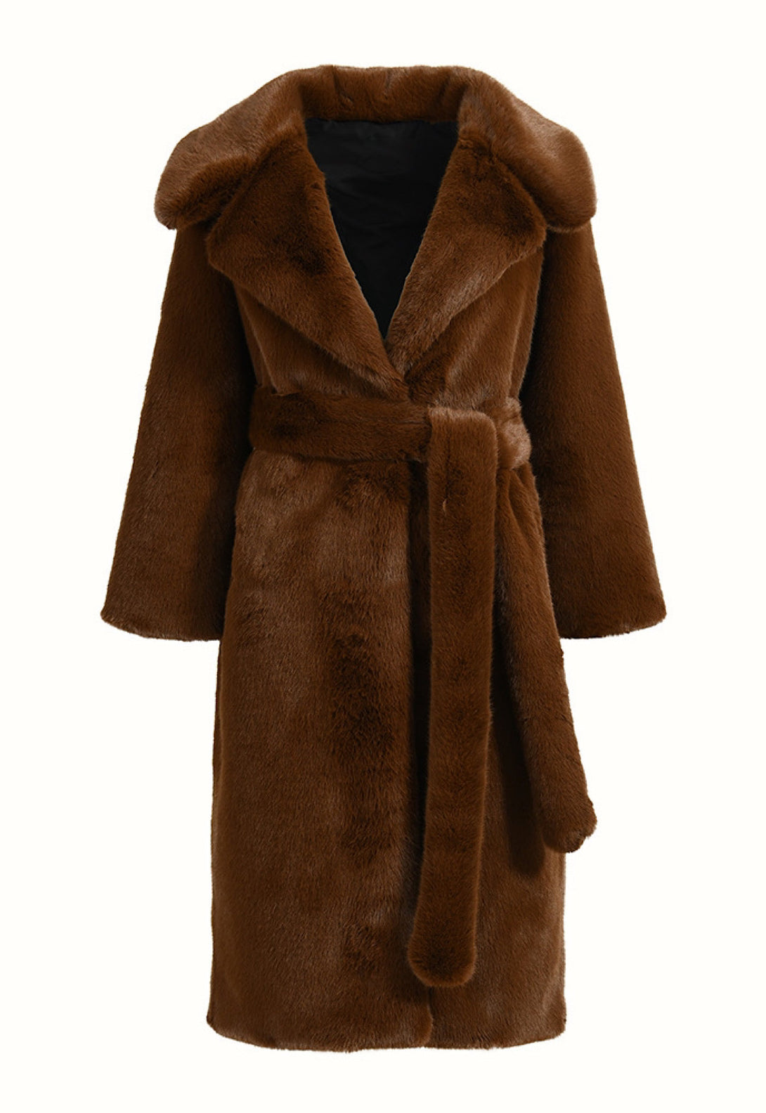 A luxurious brown faux mink fur coat featuring a stylish belt that cinches at the waist. The coat's rich texture and elegant design create a sophisticated look, perfect for colder weather.