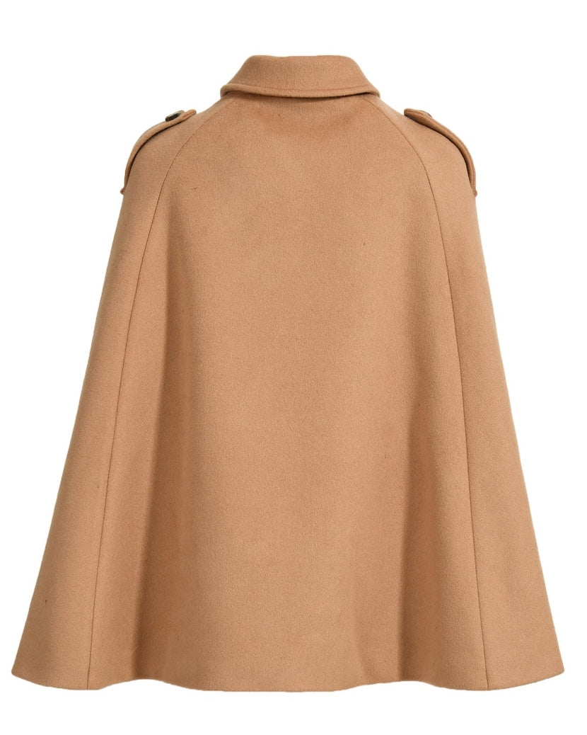 FAENA Cashmere Cape with Red Fox Fur, back view showcasing luxurious design with detachable pockets and horn shoulder details. Perfect layering piece.