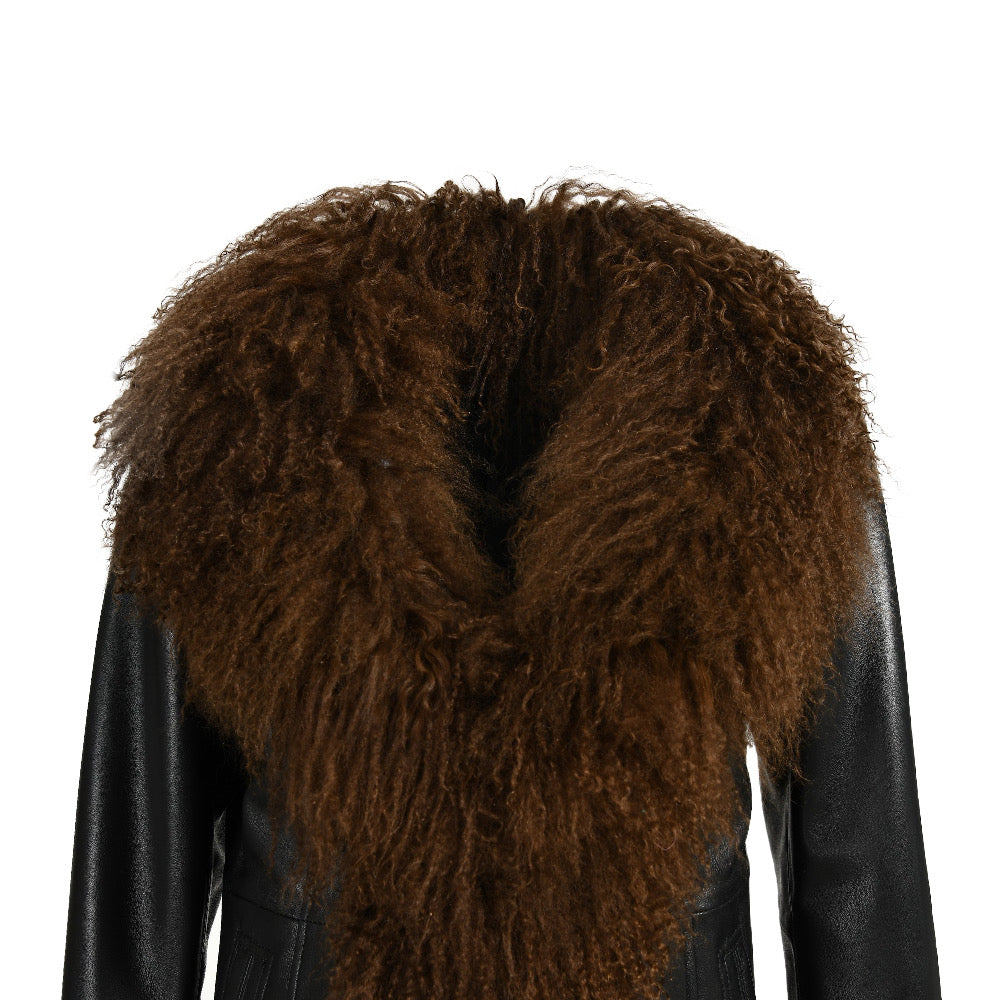 A black leather coat with Mongolian fur designed by MVFURS