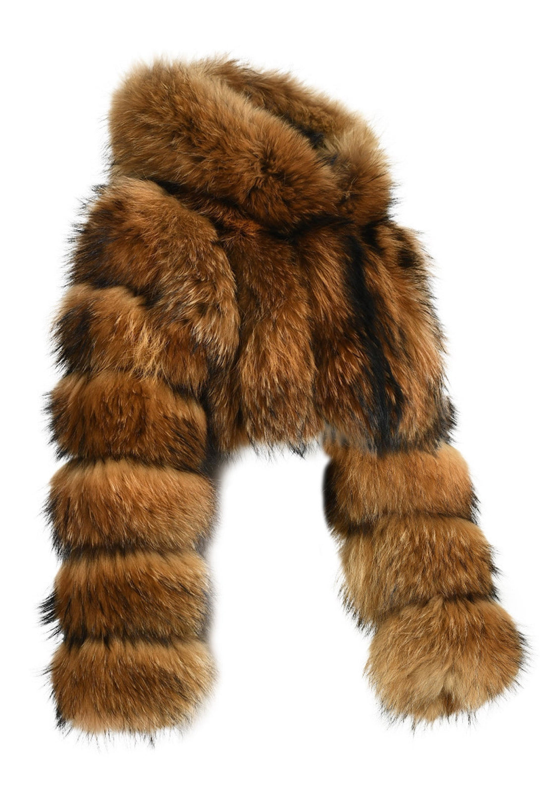 A fashionable raccoon hooded fur coat, designed to keep you warm while exuding a timeless, elegant appeal.