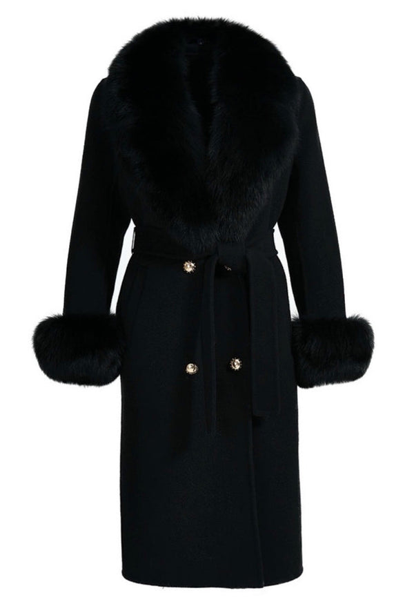 Black Cashmere Midi Coat with Fox Fur